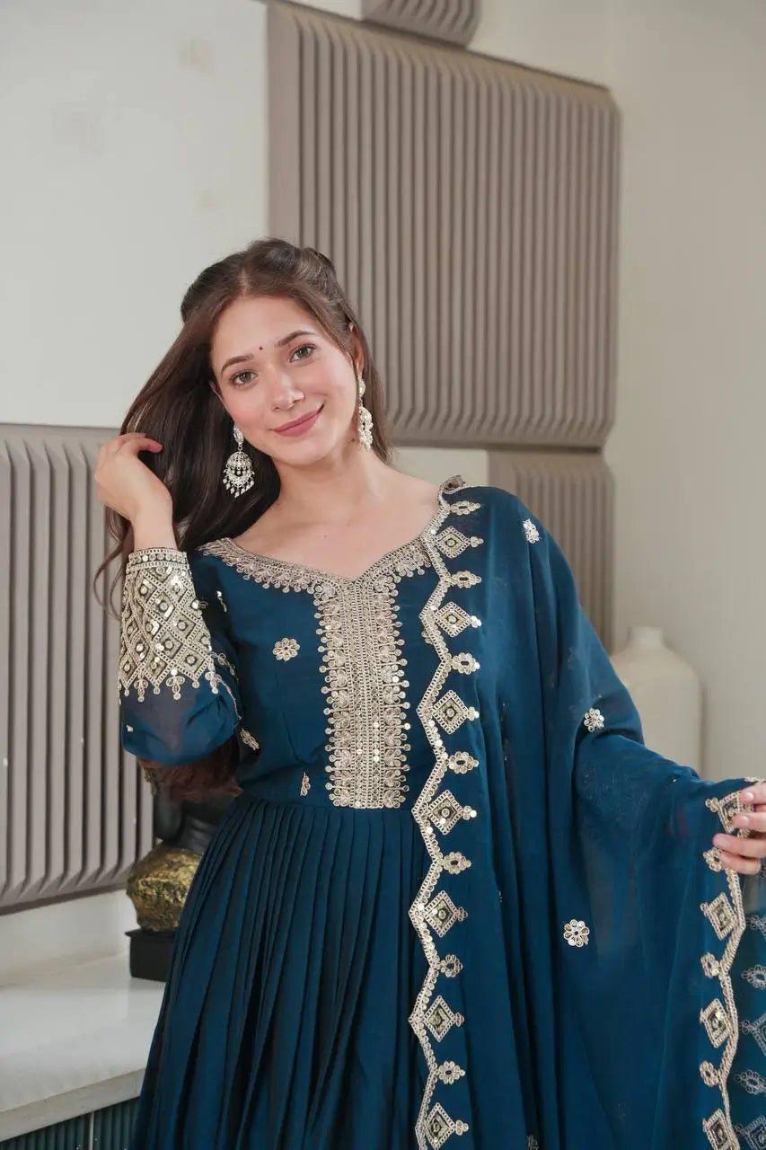 Elegant Blue Heavy Shimmer Silk Gown with Dupatta – Embroidery Sequins Work, 3.5 Meter Flair, Fully Stitched