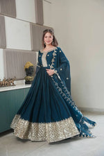 Elegant Blue Heavy Shimmer Silk Gown with Dupatta – Embroidery Sequins Work, 3.5 Meter Flair, Fully Stitched