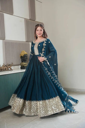 Elegant Blue Heavy Shimmer Silk Gown with Dupatta – Embroidery Sequins Work, 3.5 Meter Flair, Fully Stitched