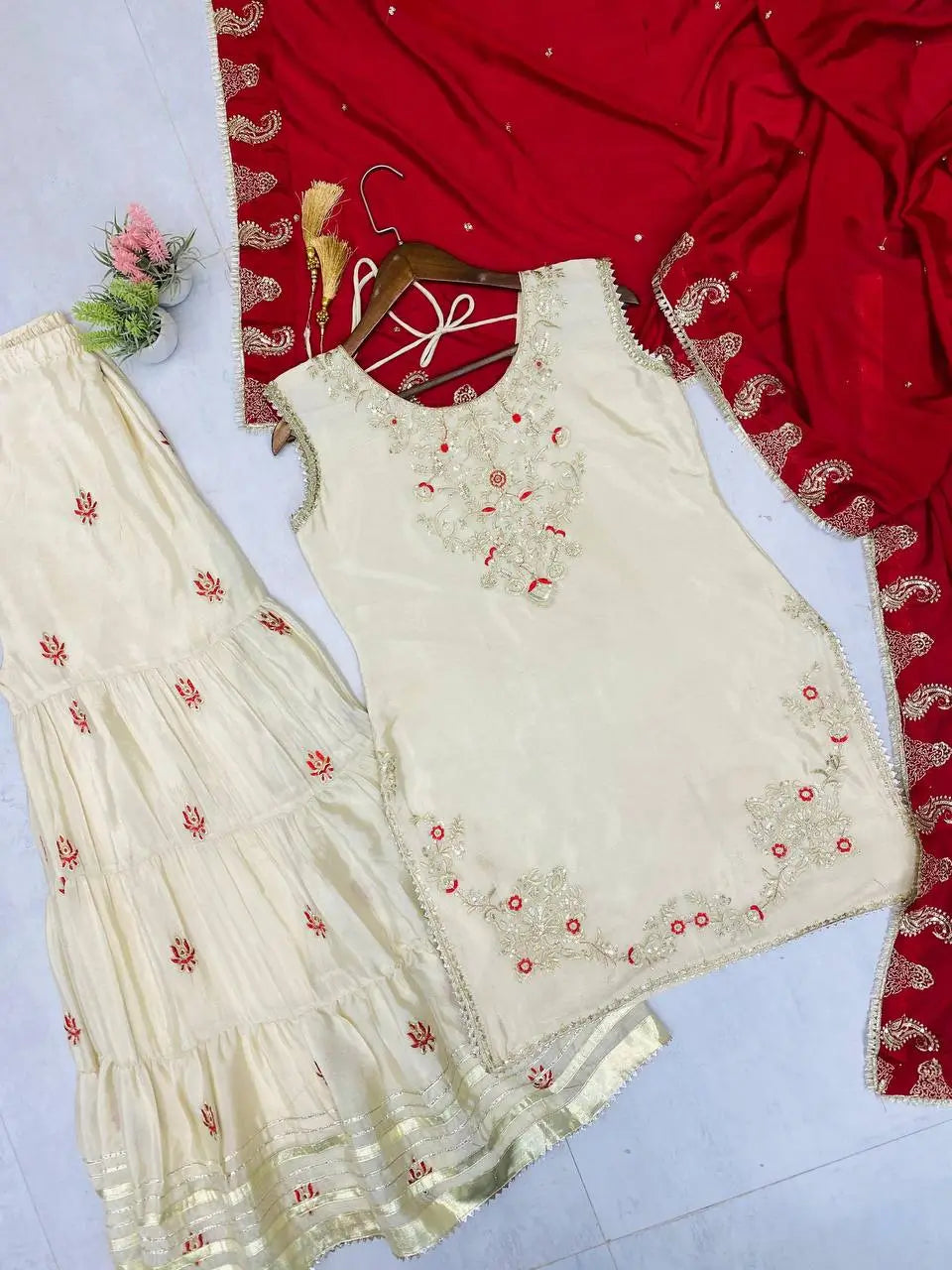 Elegant Butterfly Net Embroidered Top & Plazzo Set