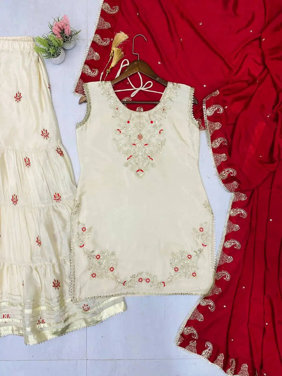 Elegant Butterfly Net Embroidered Top & Plazzo Set