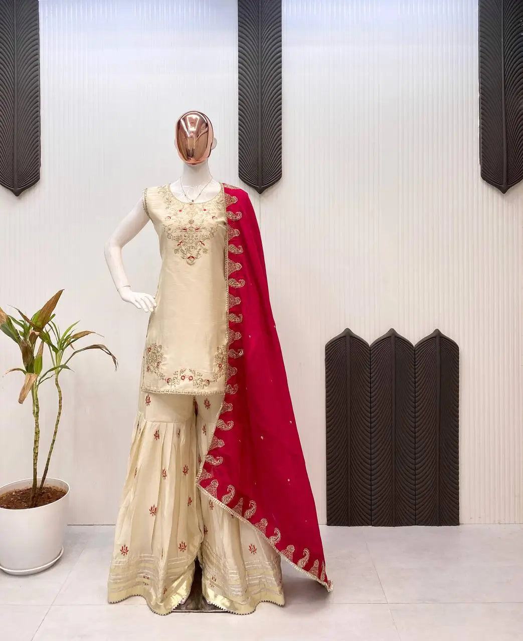 Elegant Butterfly Net Embroidered Top & Plazzo Set