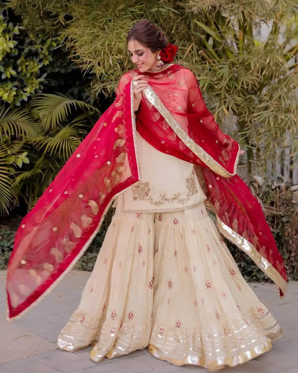 Elegant Butterfly Net Embroidered Top & Plazzo Set