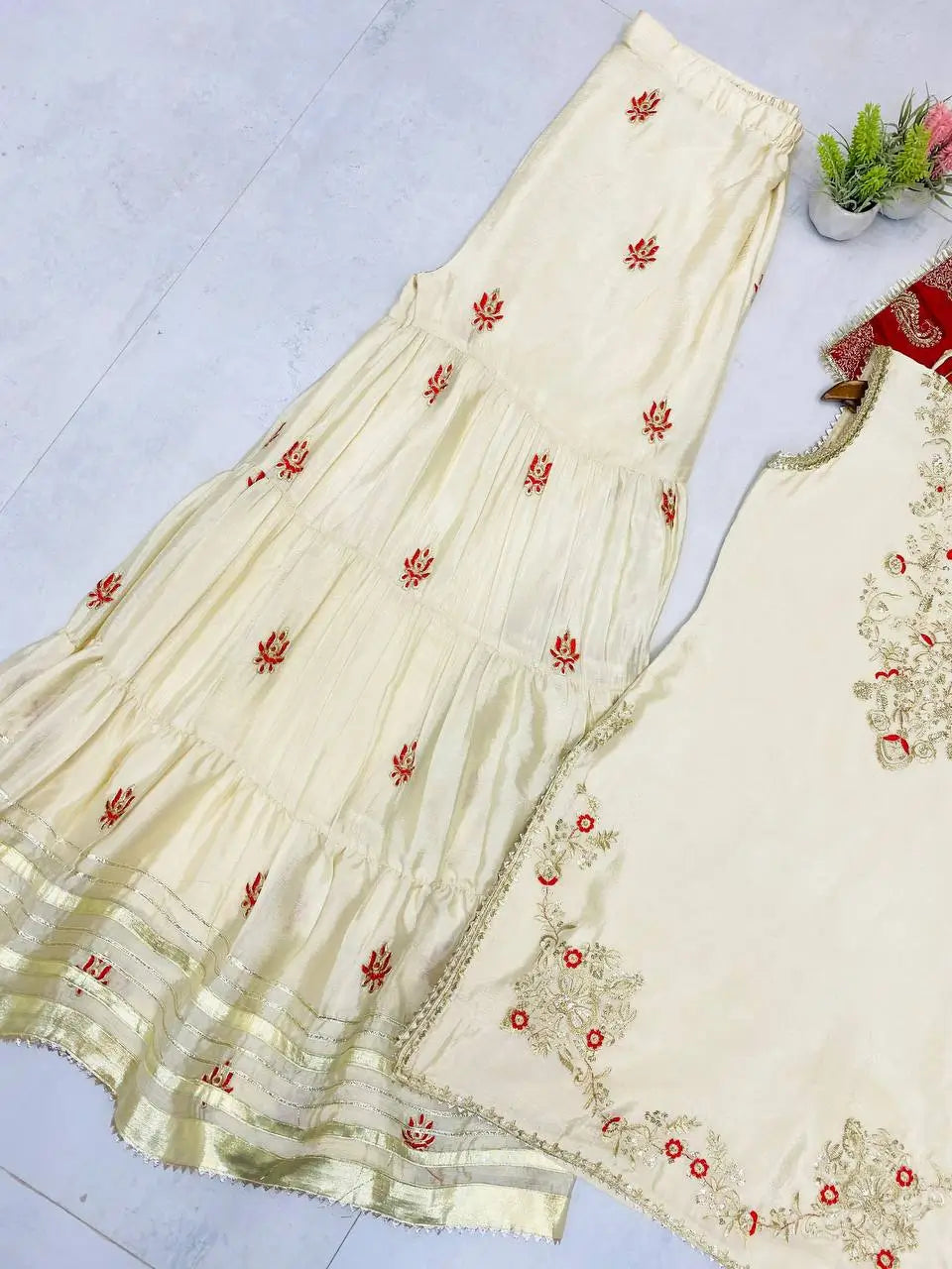 Elegant Butterfly Net Embroidered Top & Plazzo Set