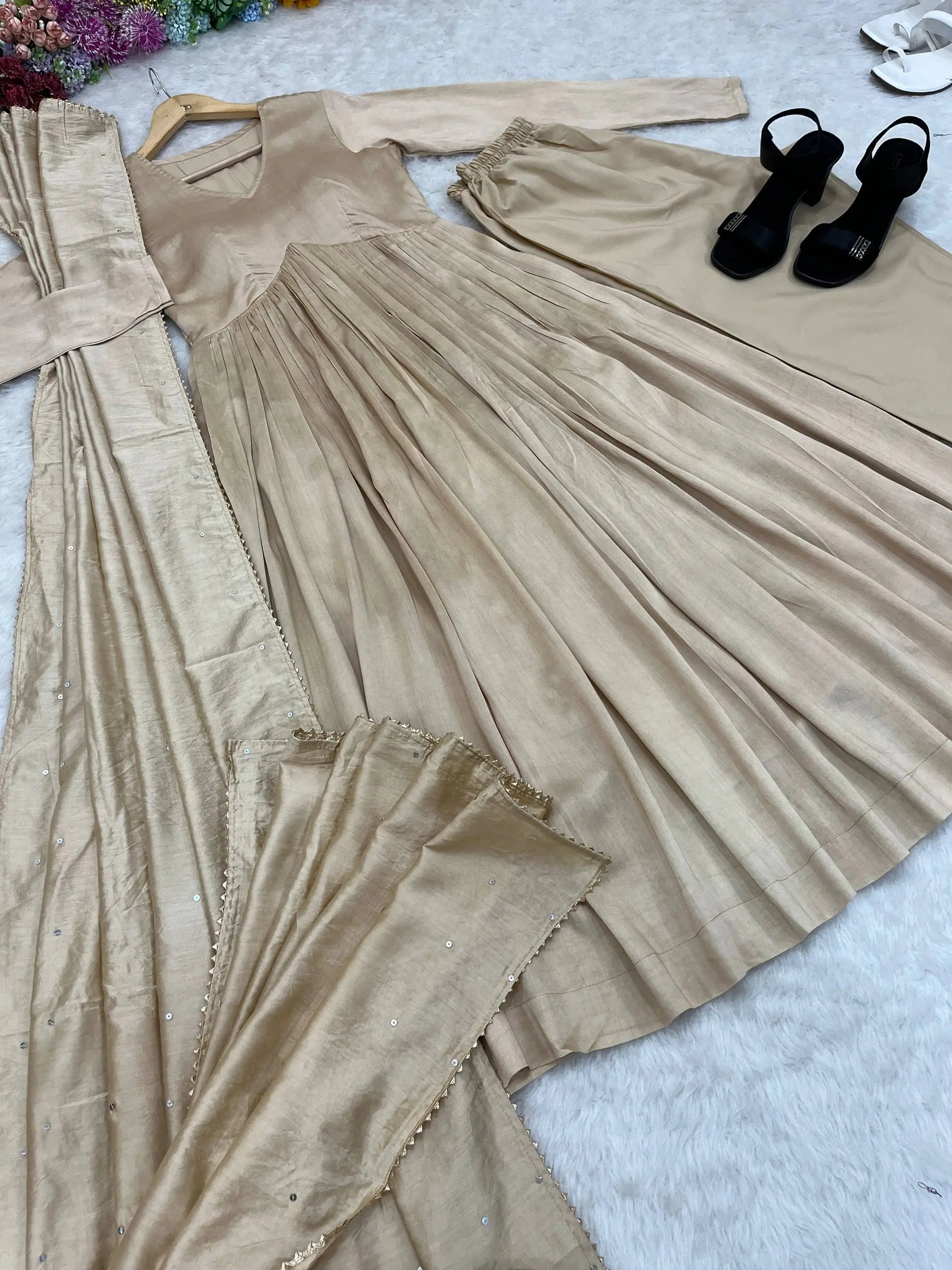 Elegant Chanderi Cotton Anarkali Gown Set with Dupatta and Bottom