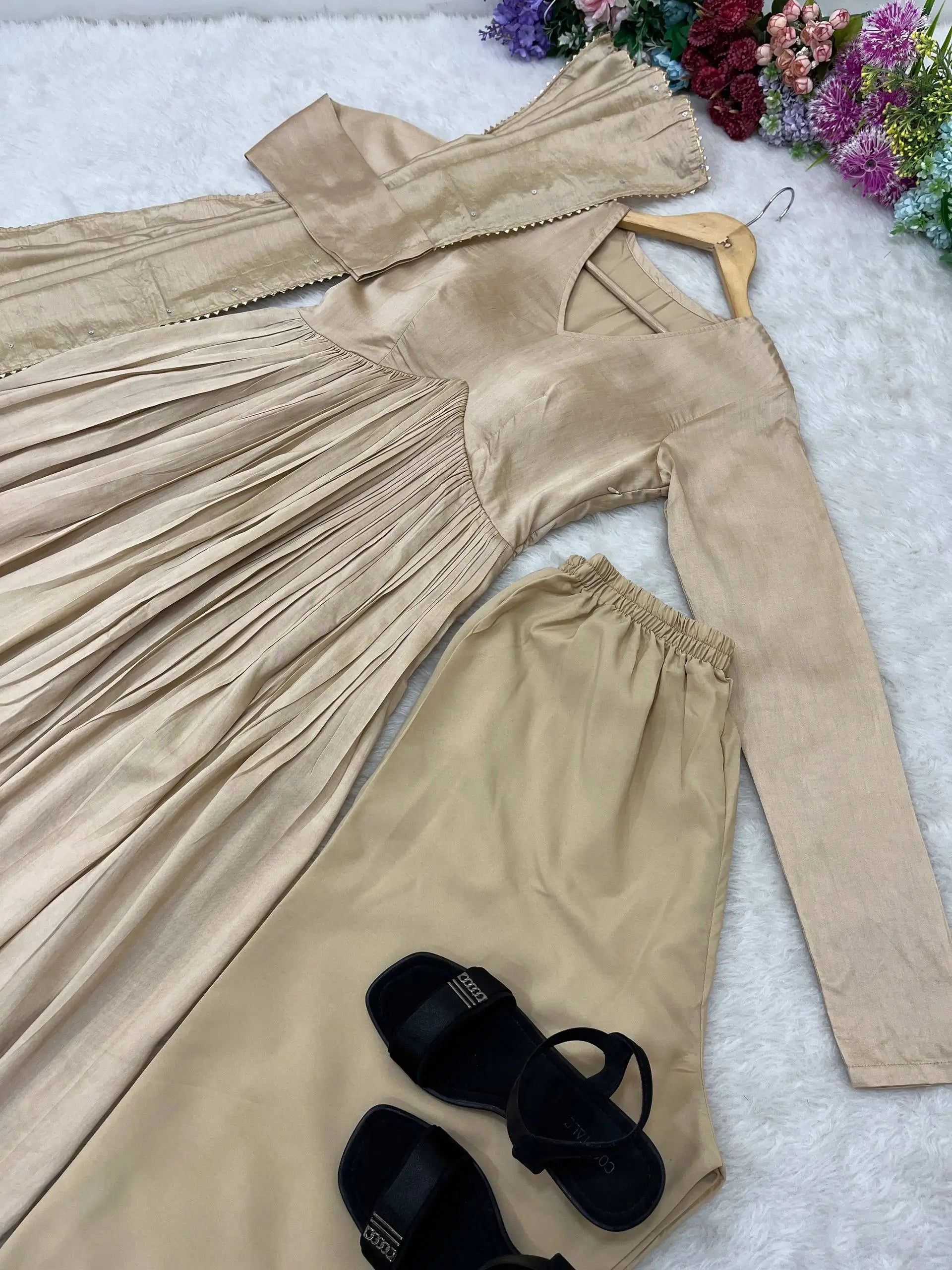 Elegant Chanderi Cotton Anarkali Gown Set with Dupatta and Bottom