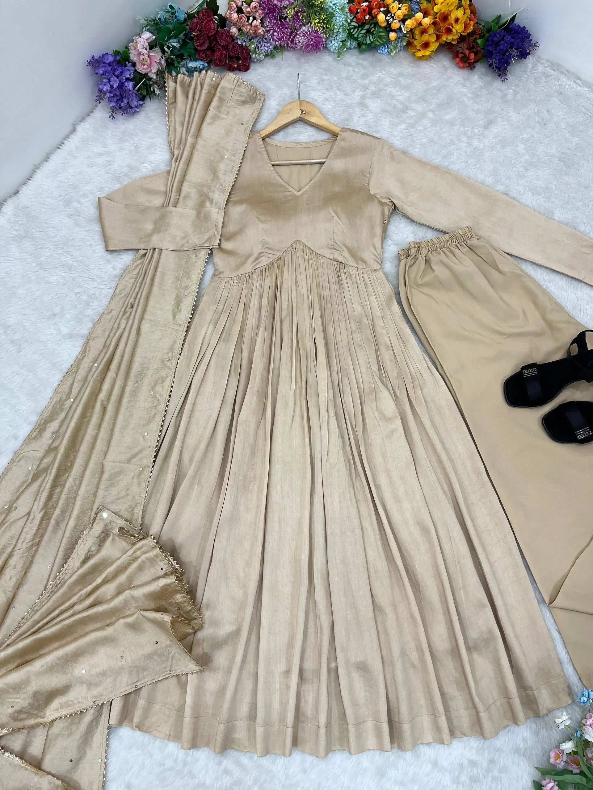 Elegant Chanderi Cotton Anarkali Gown Set with Dupatta and Bottom