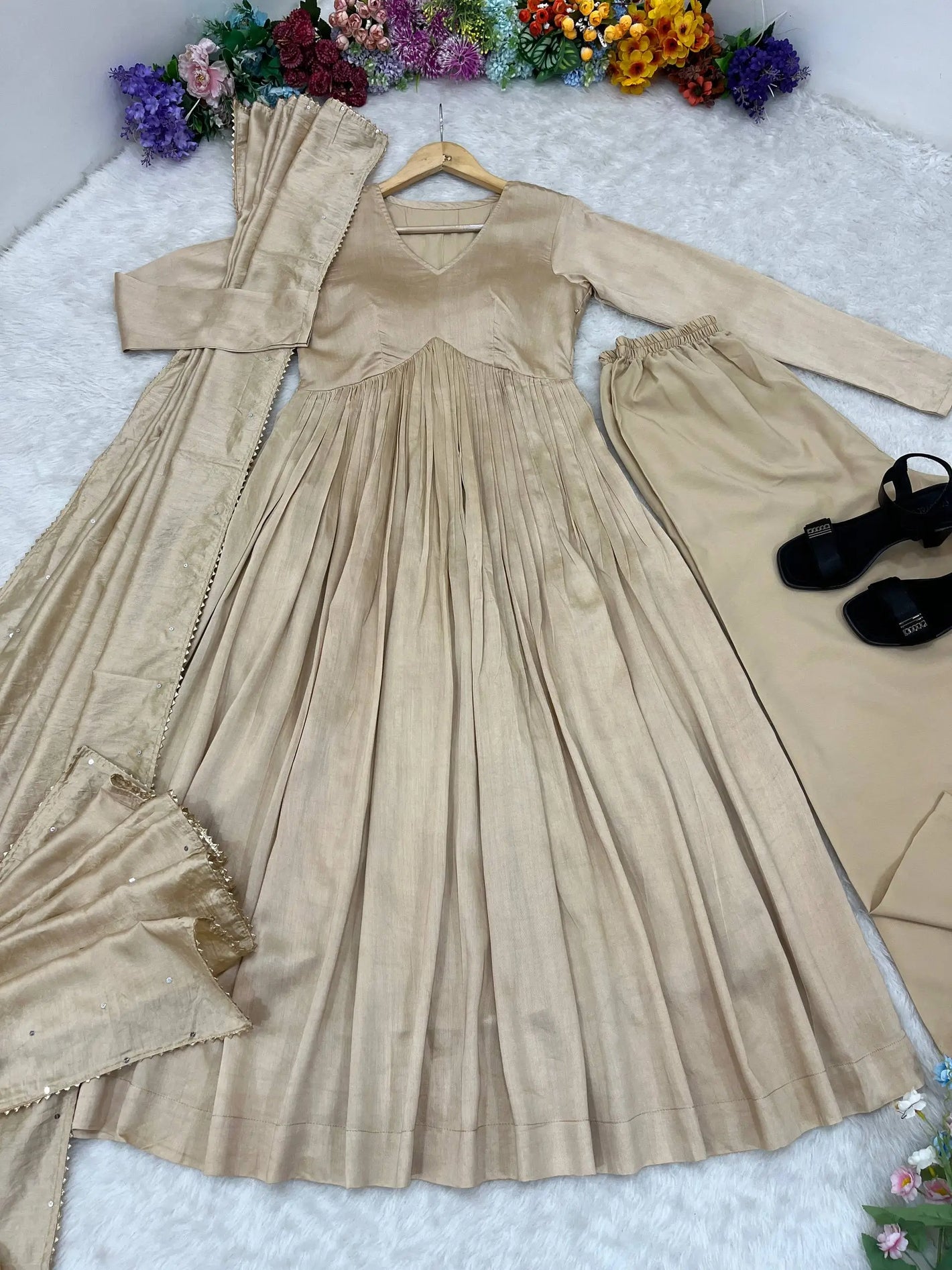 Elegant Chanderi Cotton Anarkali Gown Set with Dupatta and Bottom