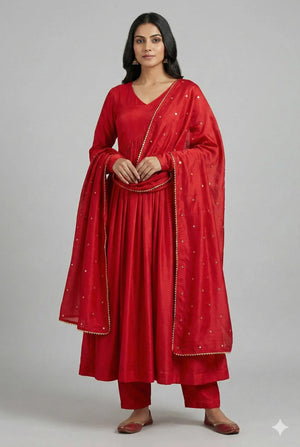 Elegant Chanderi Cotton Anarkali Gown Set with Dupatta and Bottom