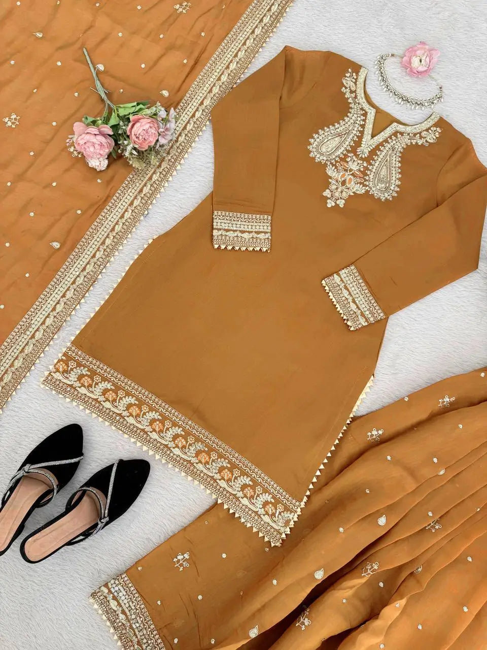 Elegant Chanderi Embroidered Kurta Plazo Dupatta Set for Festive, Formal and Occasion Wear