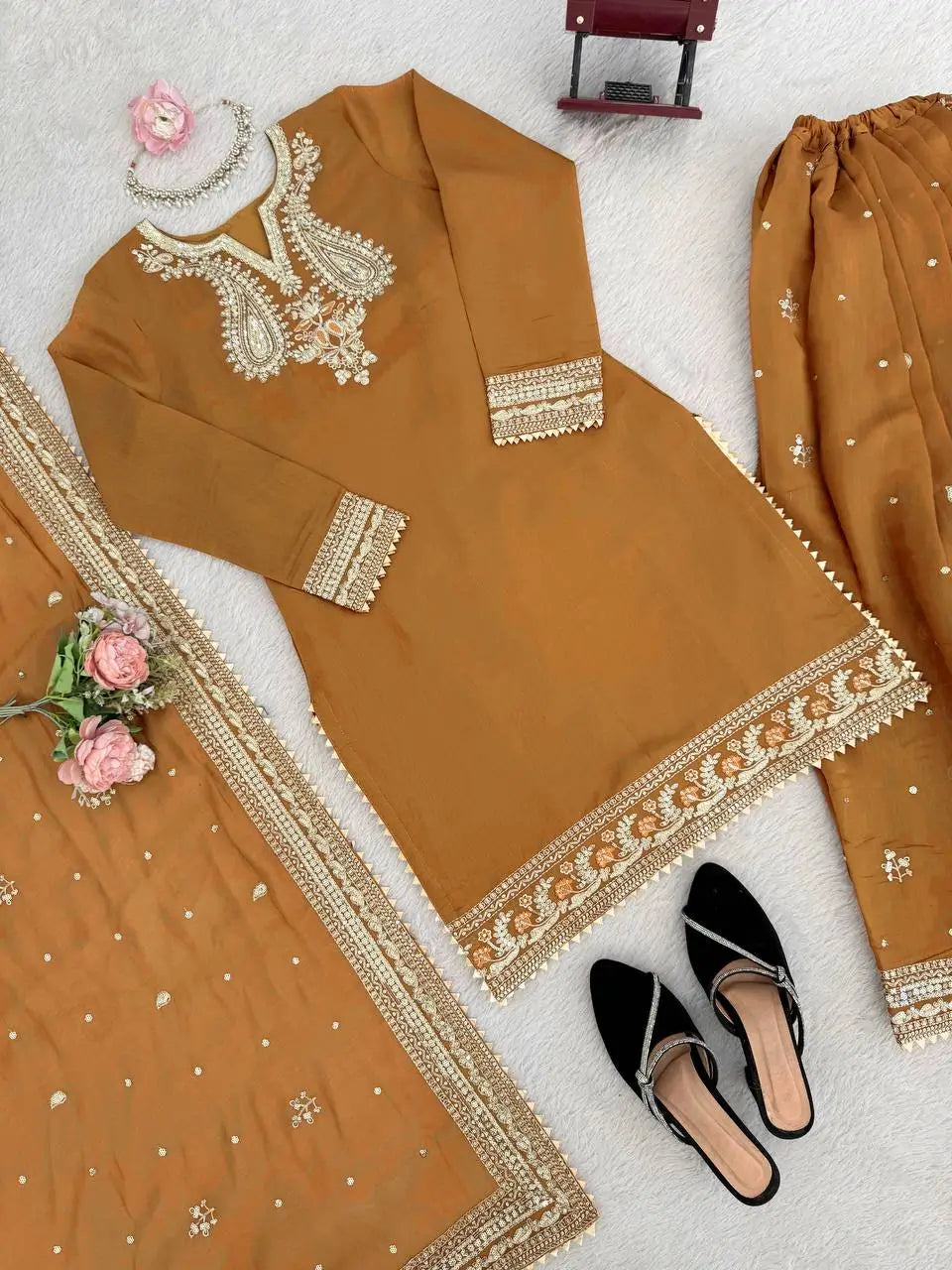 Elegant Chanderi Embroidered Kurta Plazo Dupatta Set for Festive, Formal and Occasion Wear