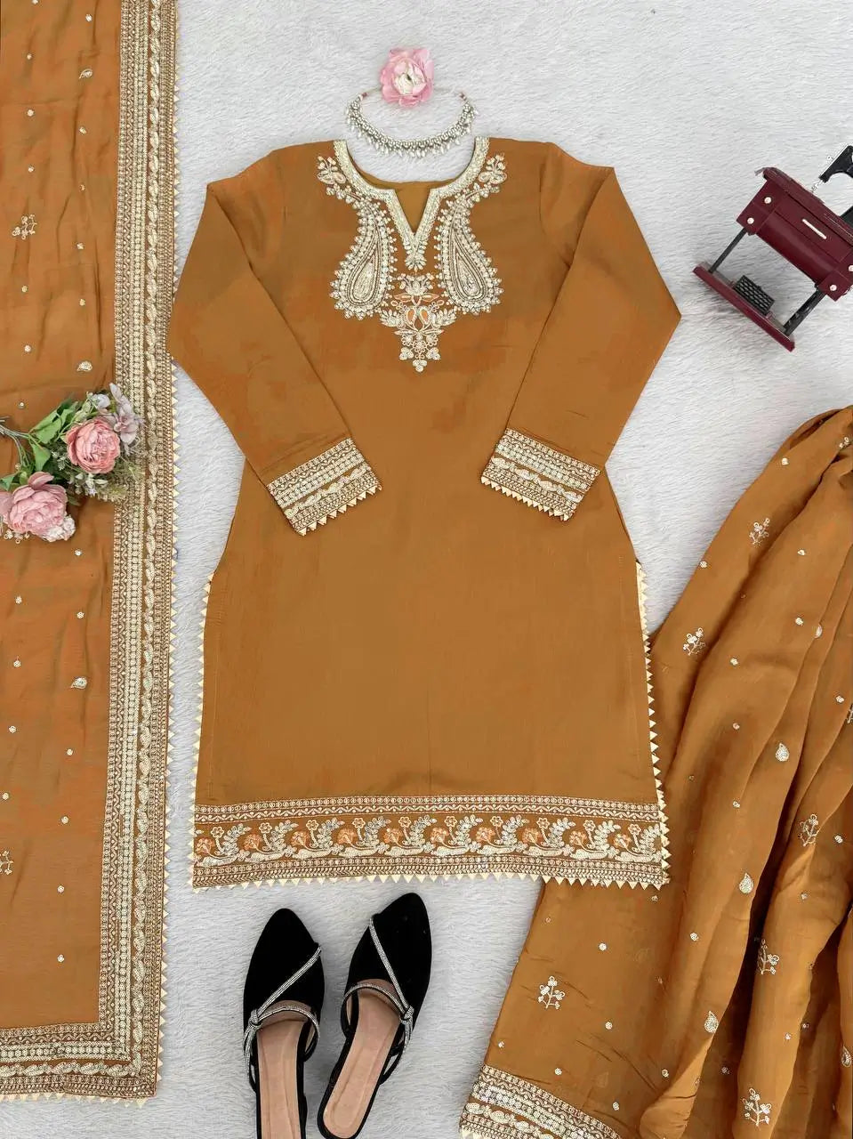Elegant Chanderi Embroidered Kurta Plazo Dupatta Set for Festive, Formal and Occasion Wear