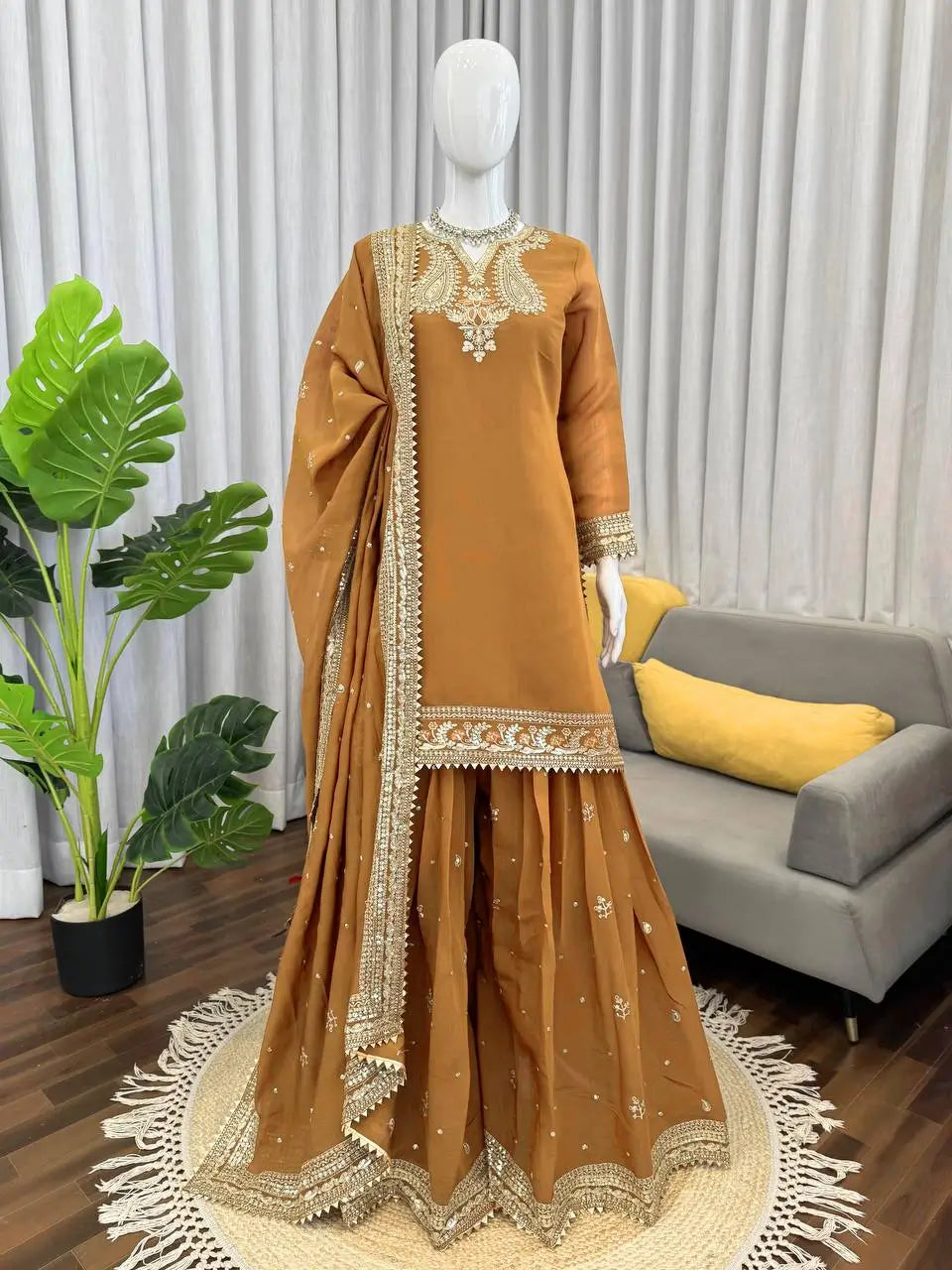Elegant Chanderi Embroidered Kurta Plazo Dupatta Set for Festive, Formal and Occasion Wear