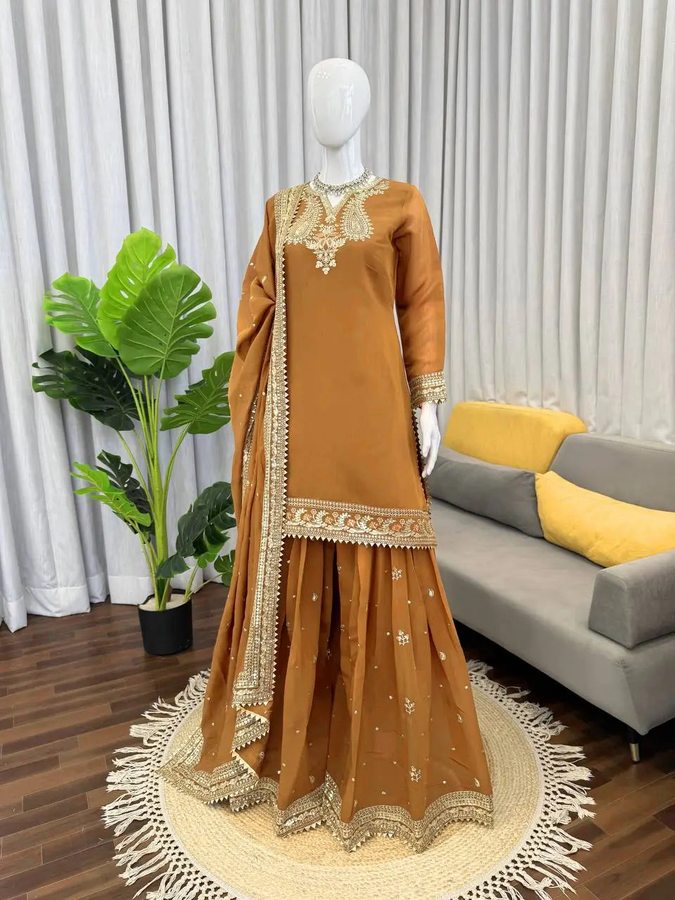 Elegant Chanderi Embroidered Kurta Plazo Dupatta Set for Festive, Formal and Occasion Wear
