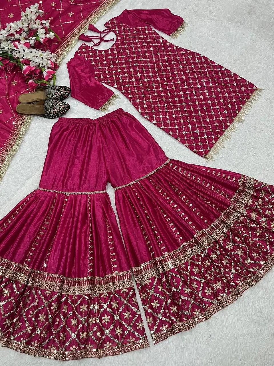 Elegant Chinnon Silk Sharara Suit for Festive and Wedding Wear