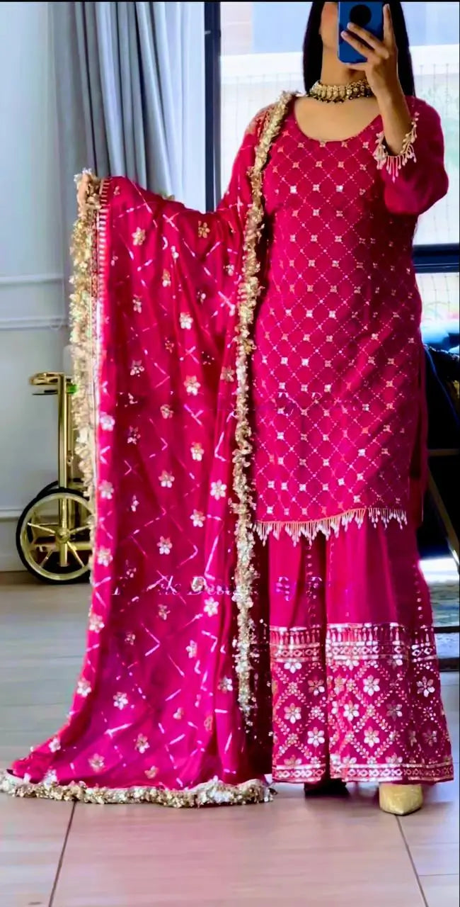 Elegant Chinnon Silk Sharara Suit for Festive and Wedding Wear