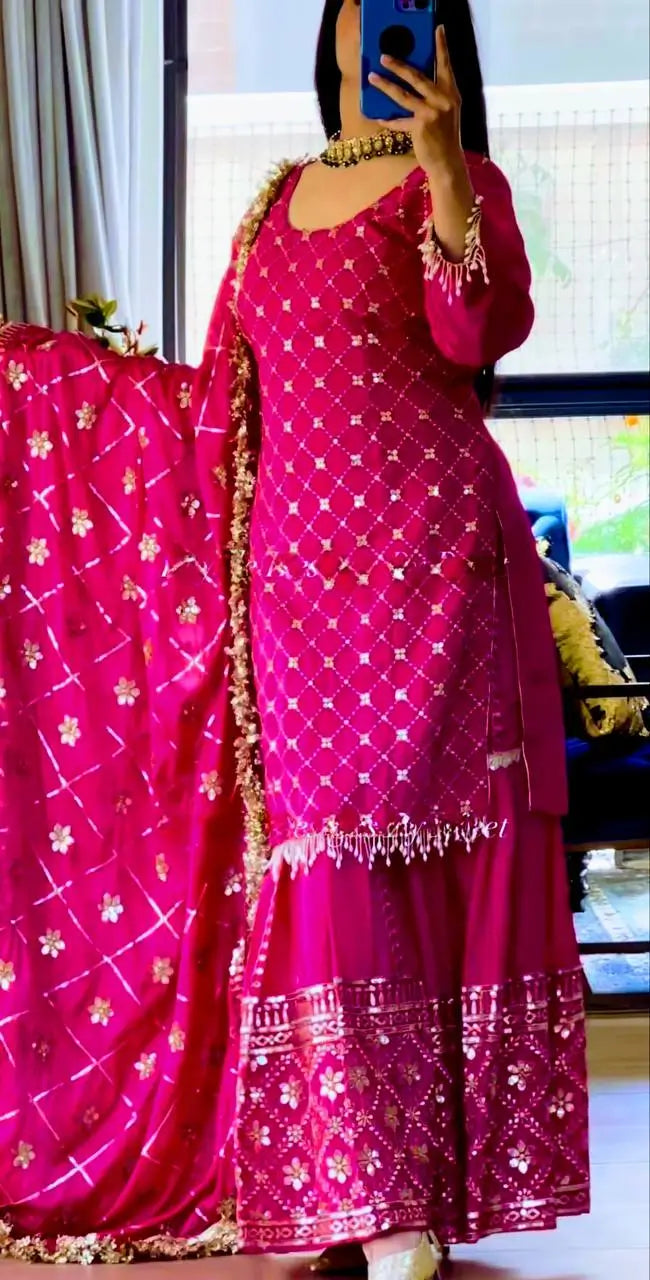 Elegant Chinnon Silk Sharara Suit for Festive and Wedding Wear