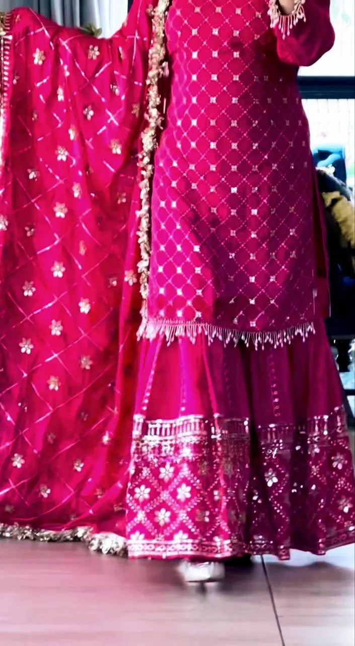 Elegant Chinnon Silk Sharara Suit for Festive and Wedding Wear