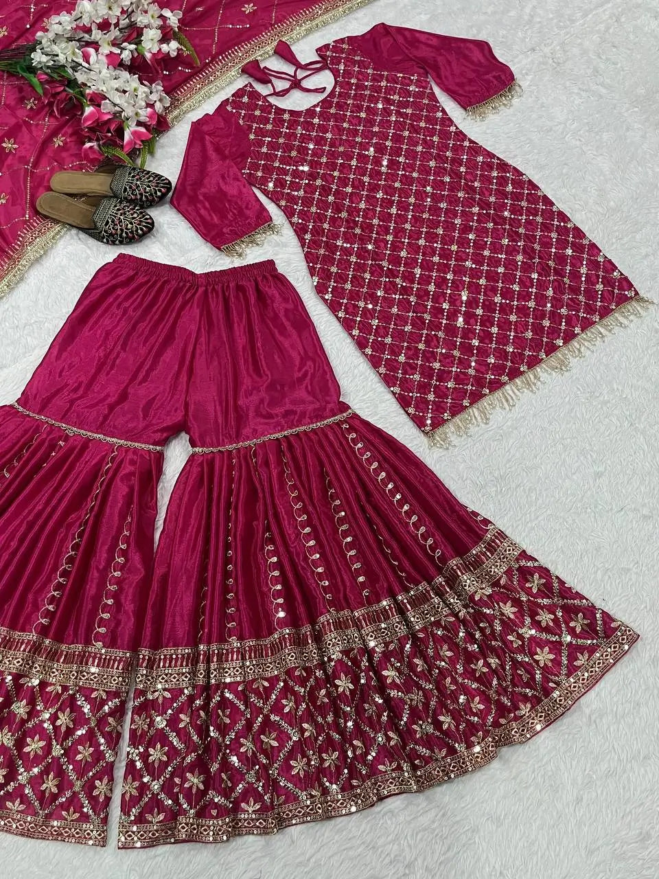 Elegant Chinnon Silk Sharara Suit for Festive and Wedding Wear