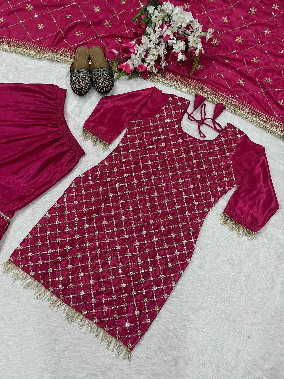 Elegant Chinnon Silk Sharara Suit for Festive and Wedding Wear