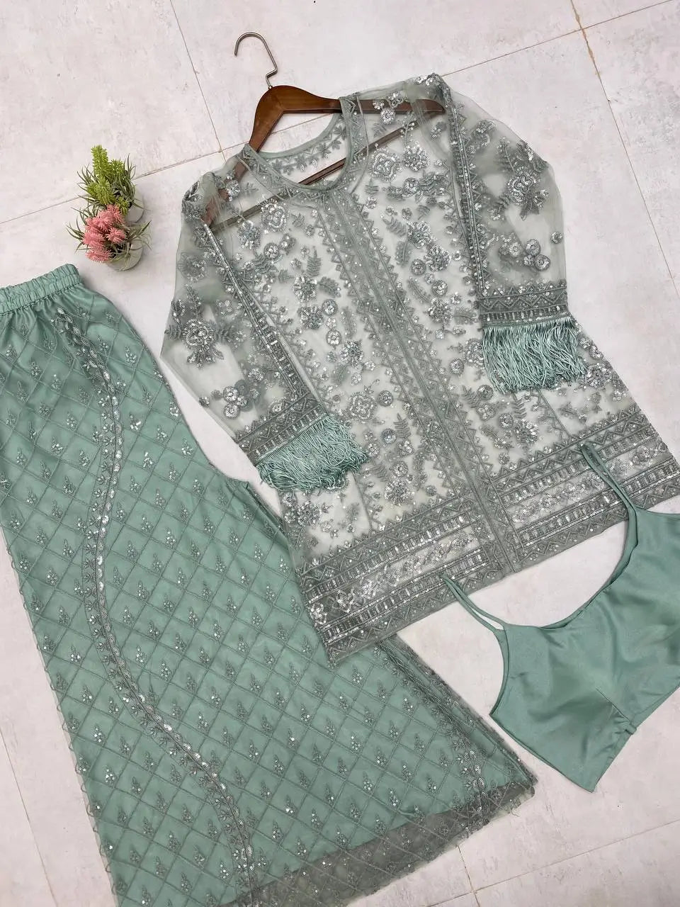 Elegant Chinon Embroidered Top Sharara Set with Lace & Latkan Detail