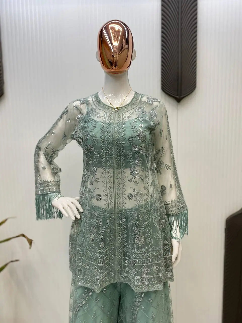Elegant Chinon Embroidered Top Sharara Set with Lace & Latkan Detail