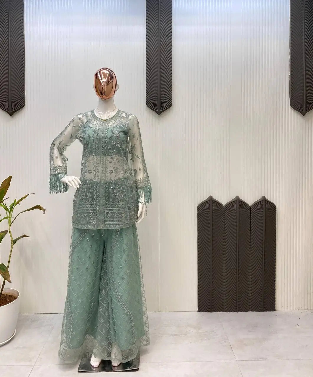 Elegant Chinon Embroidered Top Sharara Set with Lace & Latkan Detail