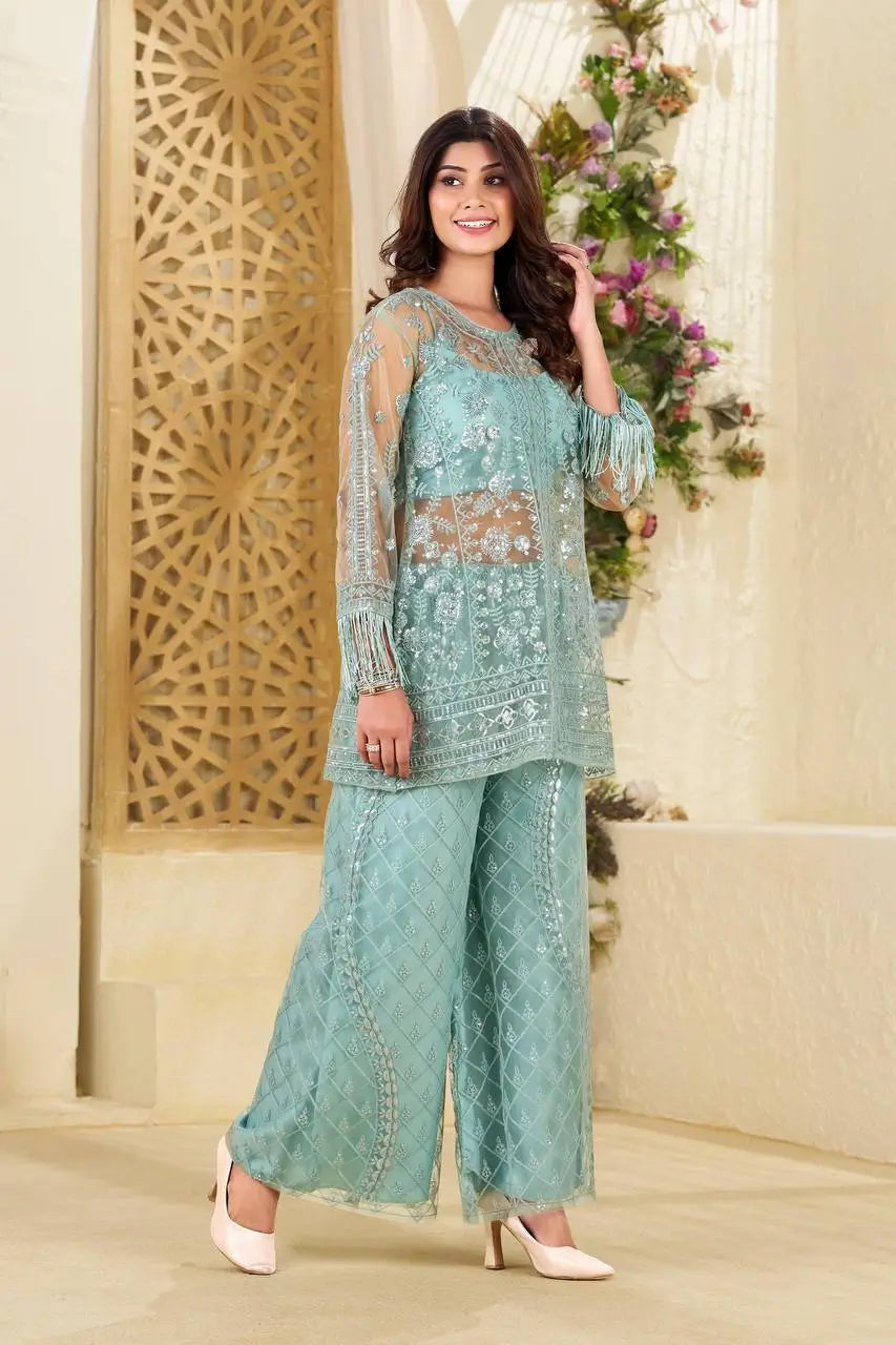 Elegant Chinon Embroidered Top Sharara Set with Lace & Latkan Detail