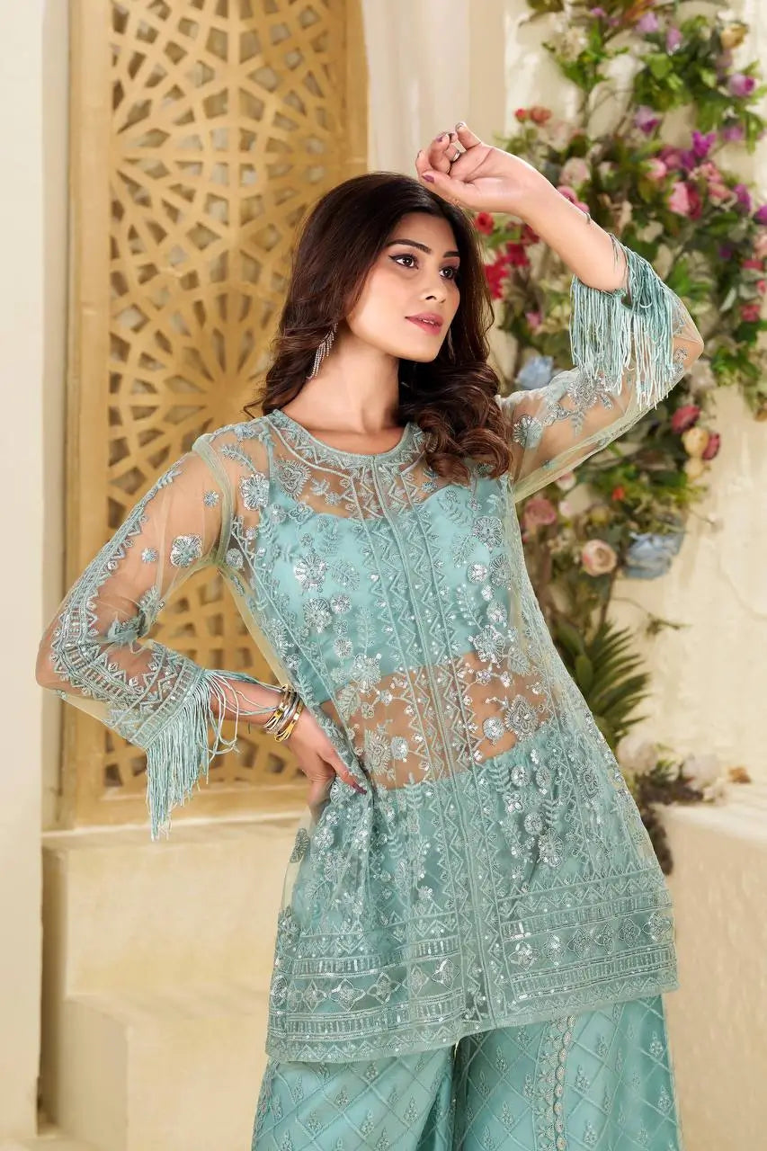 Elegant Chinon Embroidered Top Sharara Set with Lace & Latkan Detail
