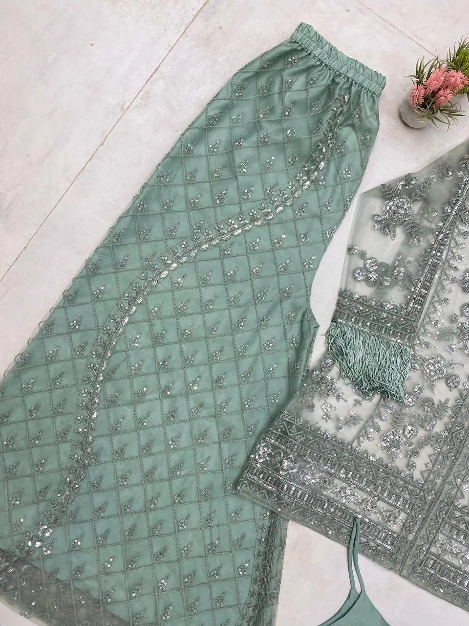 Elegant Chinon Embroidered Top Sharara Set with Lace & Latkan Detail
