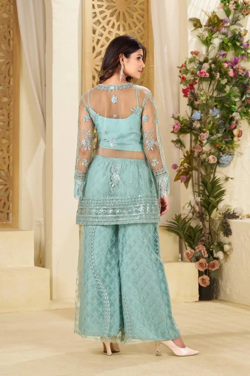 Elegant Chinon Embroidered Top Sharara Set with Lace & Latkan Detail