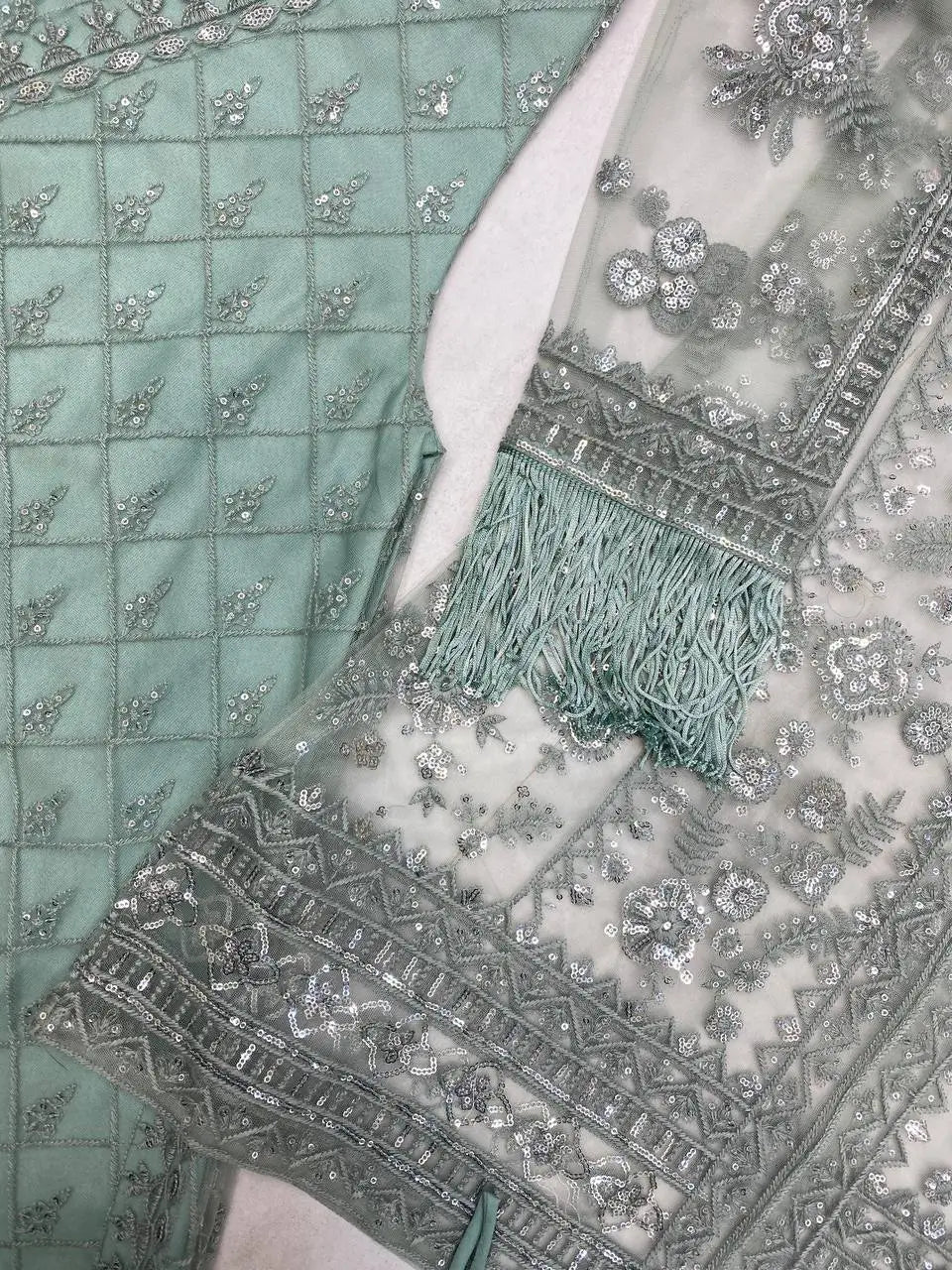 Elegant Chinon Embroidered Top Sharara Set with Lace & Latkan Detail