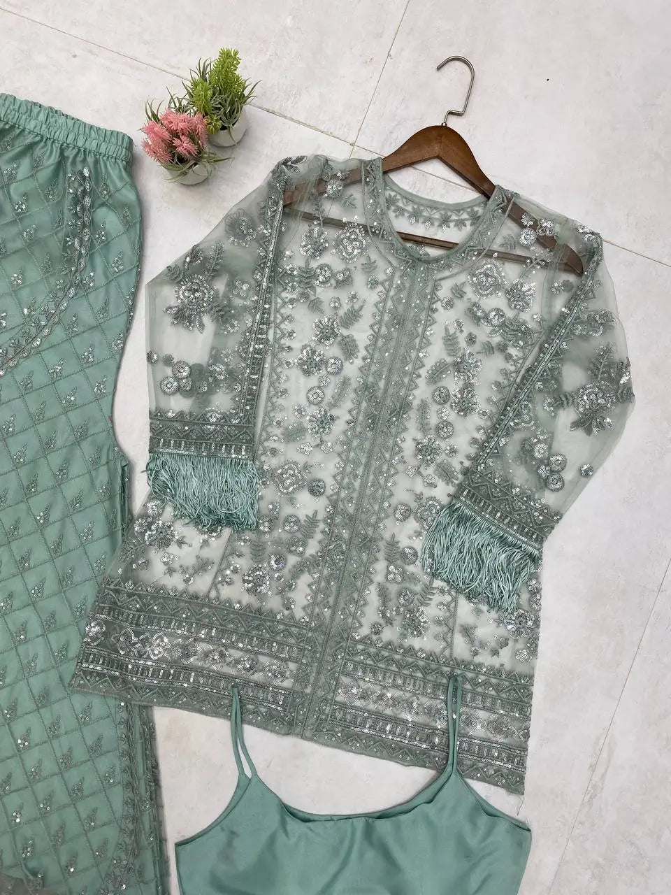 Elegant Chinon Embroidered Top Sharara Set with Lace & Latkan Detail