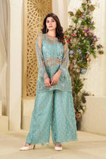 Elegant Chinon Embroidered Top Sharara Set with Lace & Latkan Detail