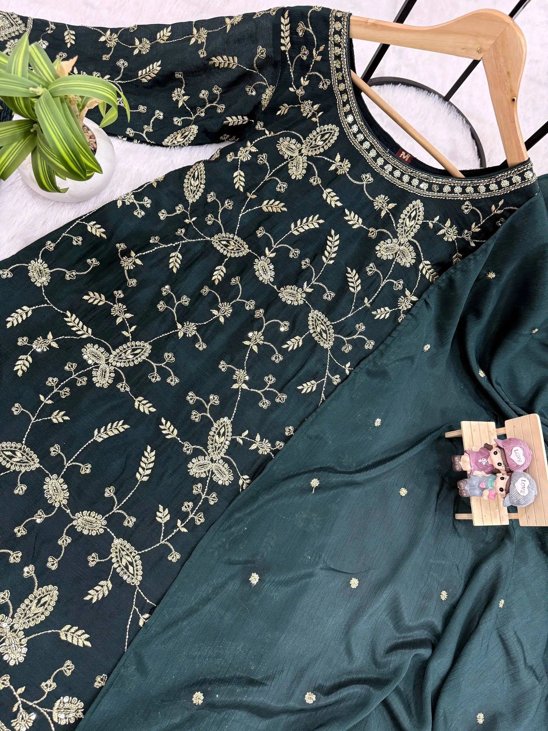 Elegant Chinon Semi Beads Embroidered Kurti Palazzo Set for Festive and Wedding Wear