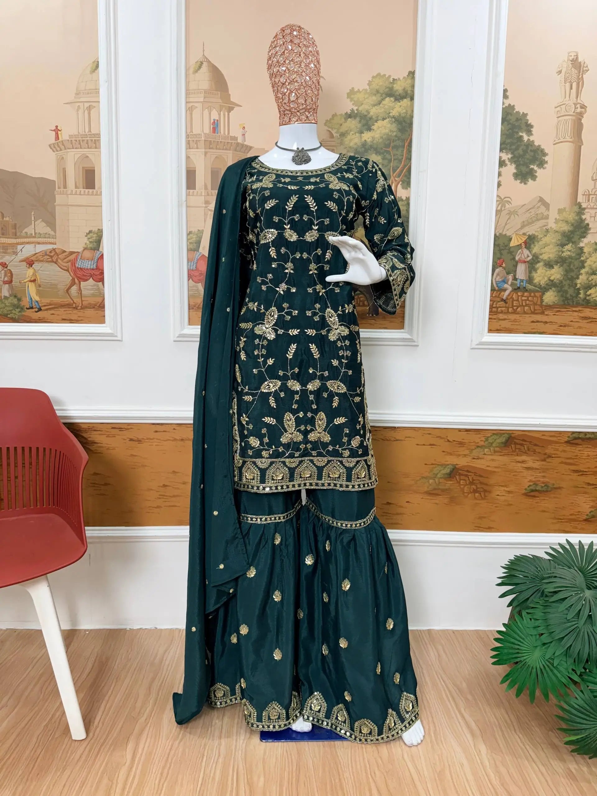 Elegant Chinon Semi Beads Embroidered Kurti Palazzo Set for Festive and Wedding Wear