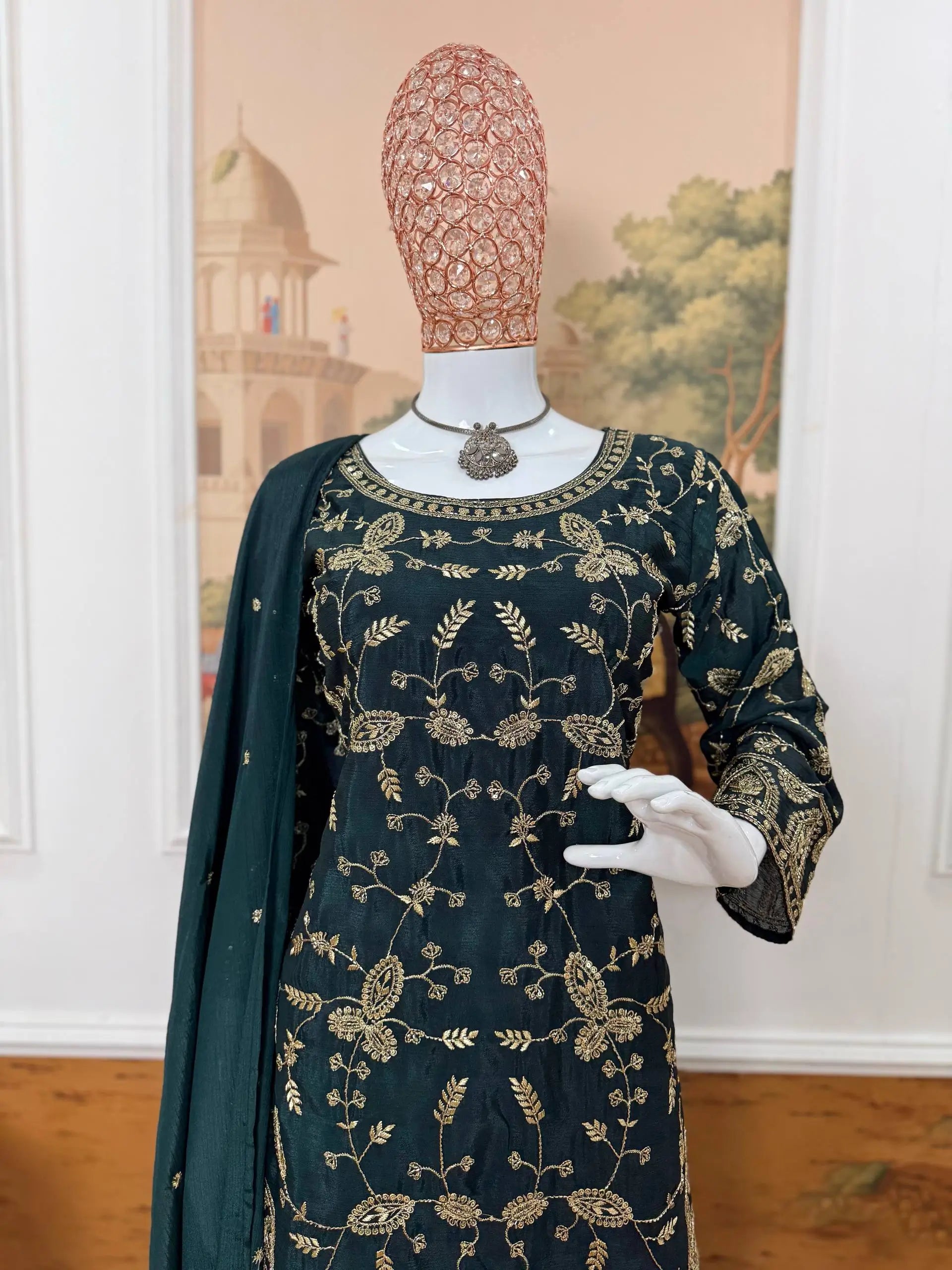 Elegant Chinon Semi Beads Embroidered Kurti Palazzo Set for Festive and Wedding Wear