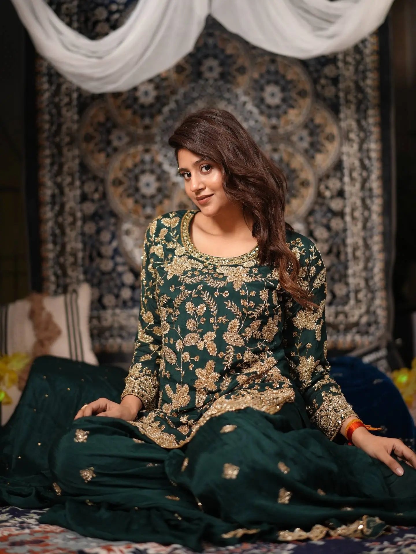Elegant Chinon Semi Beads Embroidered Kurti Palazzo Set for Festive and Wedding Wear