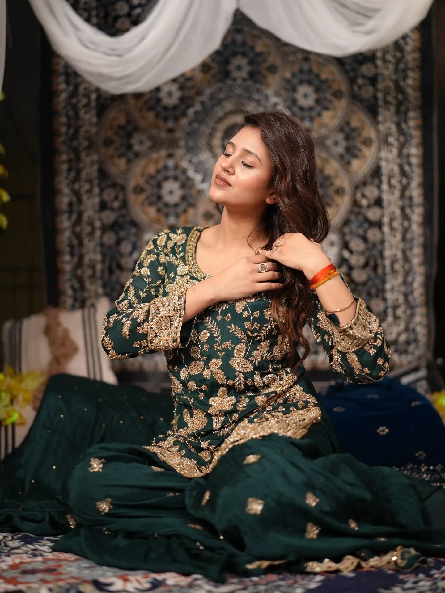 Elegant Chinon Semi Beads Embroidered Kurti Palazzo Set for Festive and Wedding Wear