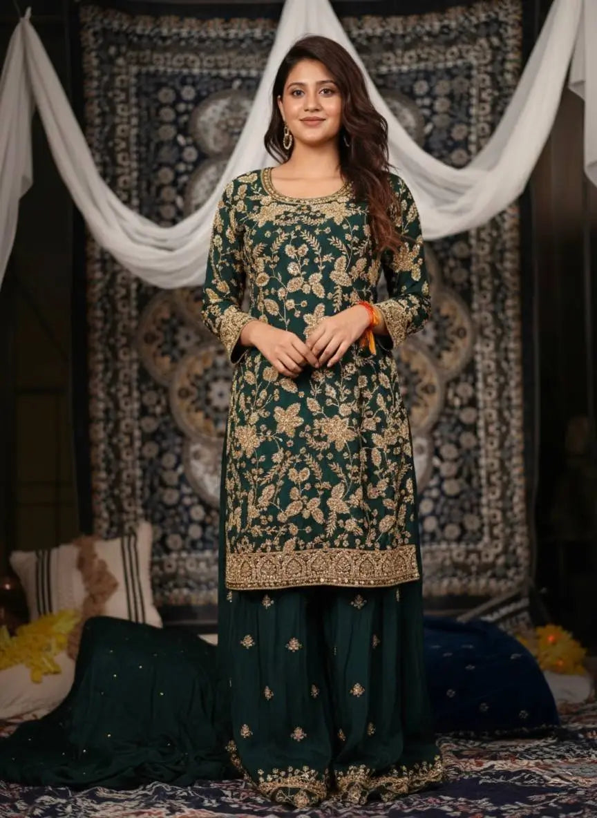 Elegant Chinon Semi Beads Embroidered Kurti Palazzo Set for Festive and Wedding Wear