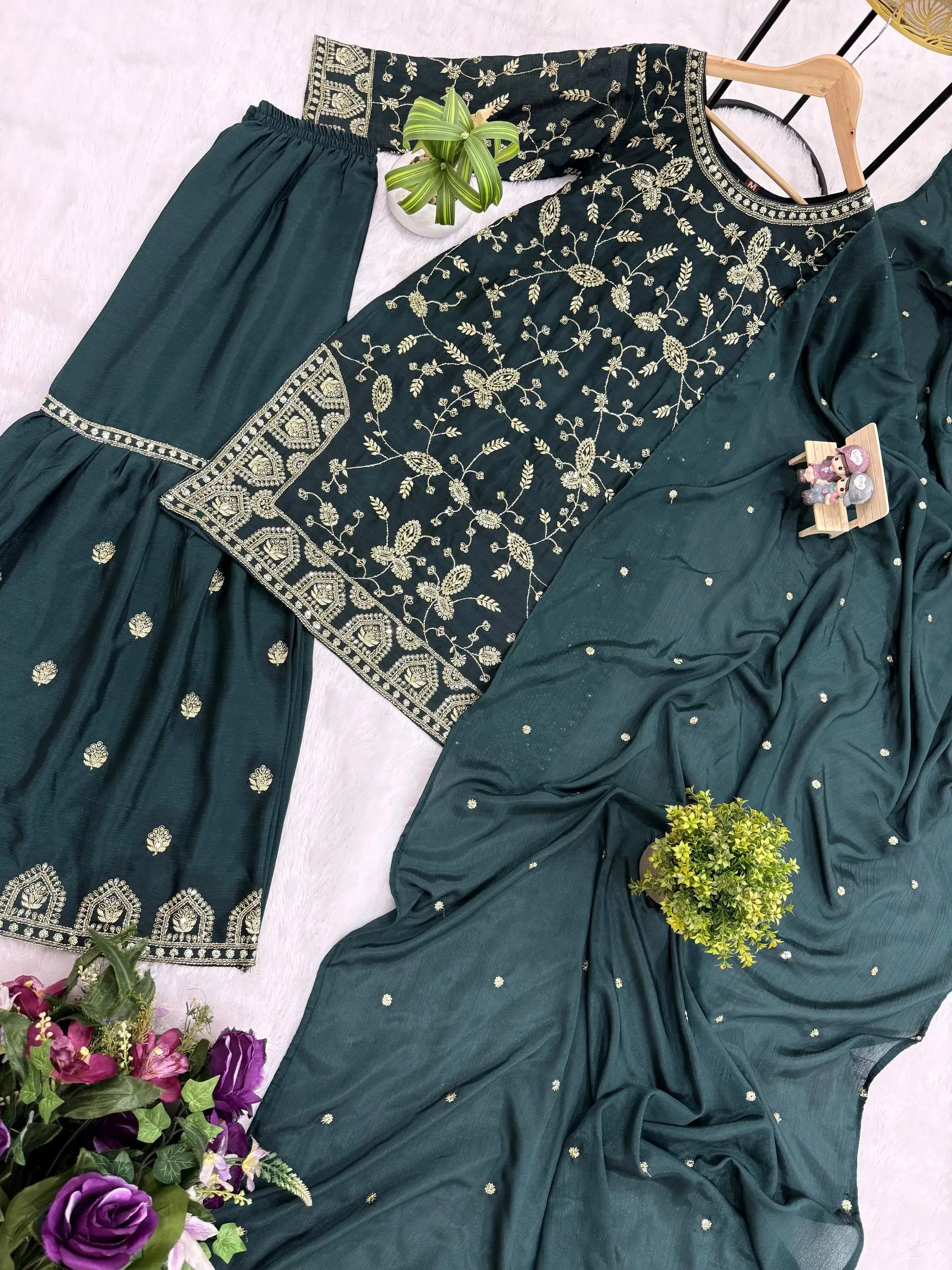 Elegant Chinon Semi Beads Embroidered Kurti Palazzo Set for Festive and Wedding Wear