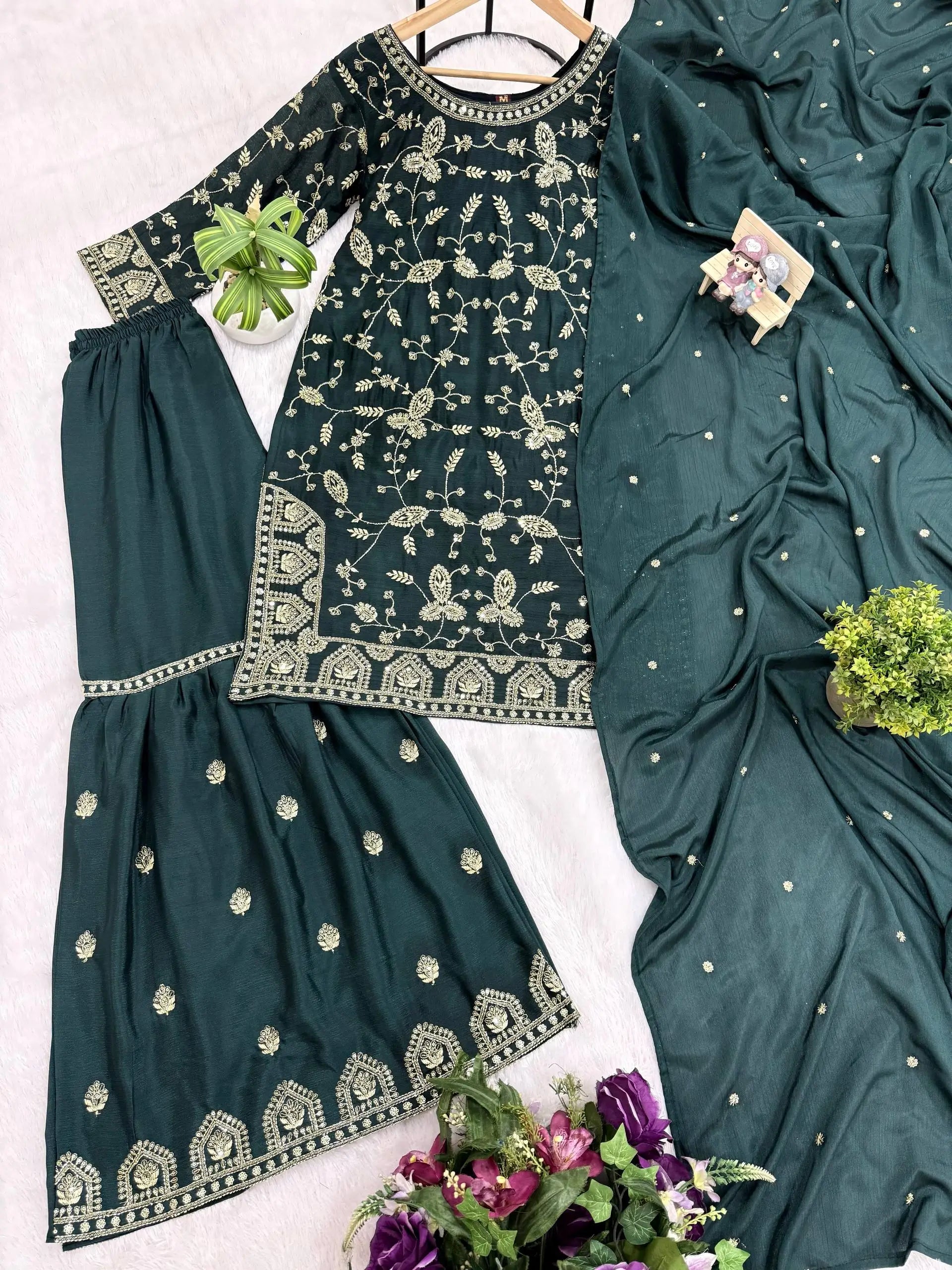 Elegant Chinon Semi Beads Embroidered Kurti Palazzo Set for Festive and Wedding Wear