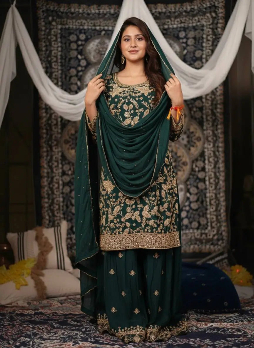 Elegant Chinon Semi Beads Embroidered Kurti Palazzo Set for Festive and Wedding Wear
