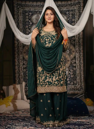 Elegant Chinon Semi Beads Embroidered Kurti Palazzo Set for Festive and Wedding Wear