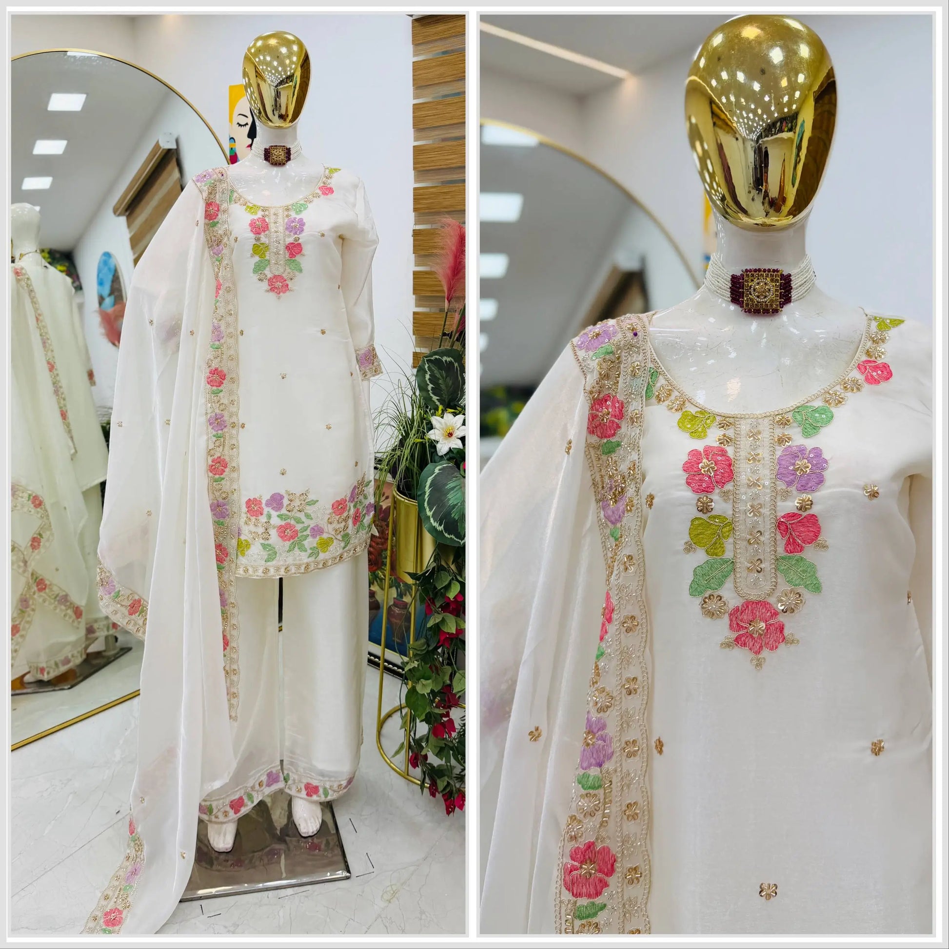 Elegant Chinon Silk Embroidered Suit Set for Festive and Wedding Wear