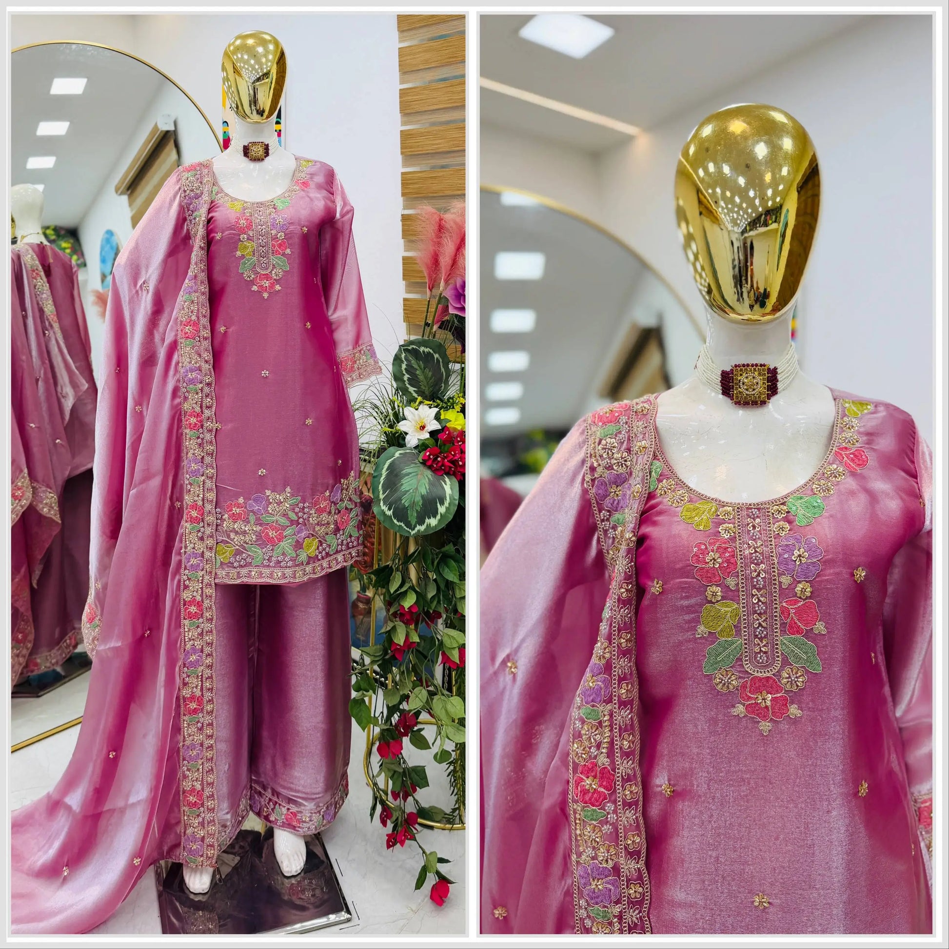 Elegant Chinon Silk Embroidered Suit Set for Festive and Wedding Wear