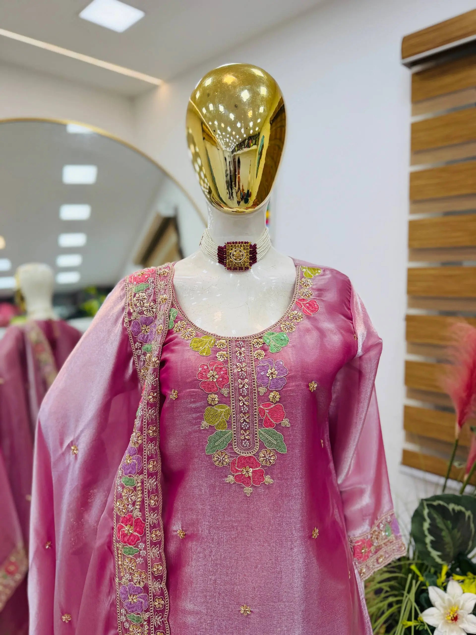 Elegant Chinon Silk Embroidered Suit Set for Festive and Wedding Wear