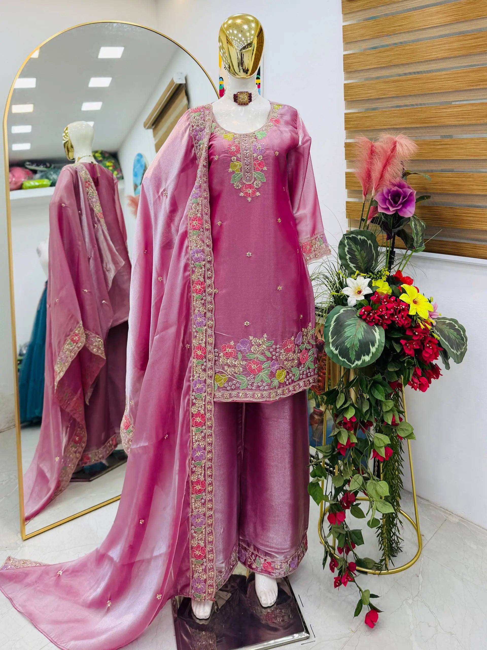 Elegant Chinon Silk Embroidered Suit Set for Festive and Wedding Wear