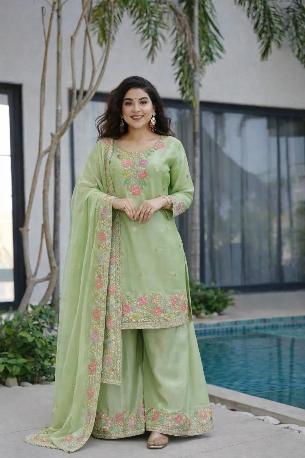 Elegant Chinon Silk Embroidered Suit Set for Festive and Wedding Wear