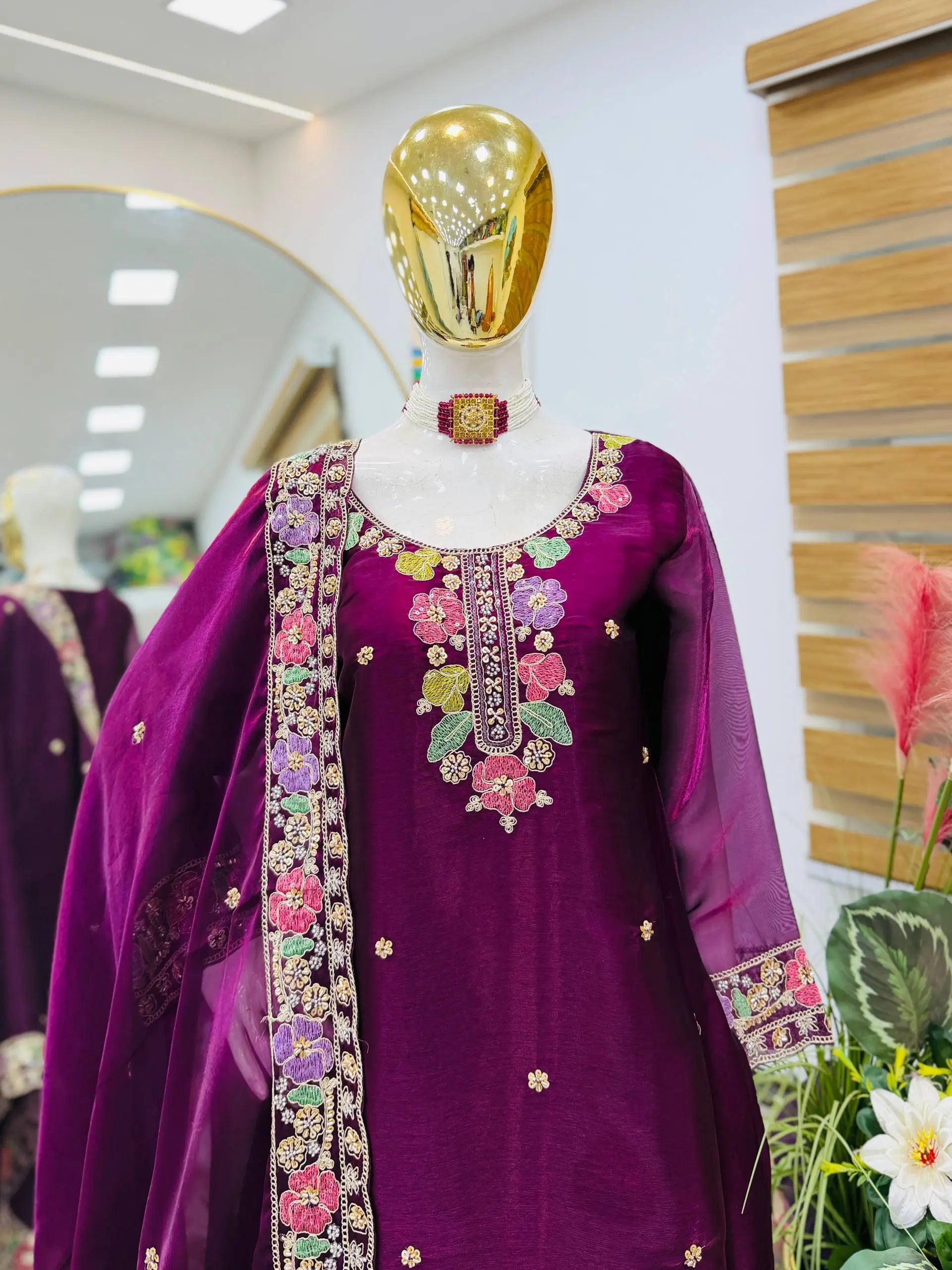 Elegant Chinon Silk Embroidered Suit Set for Festive and Wedding Wear